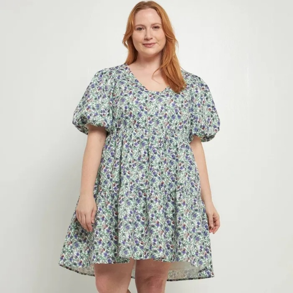 English Factory Floral Puff Sleeve Jacquard High-Low Dress - Picture 4 of 9